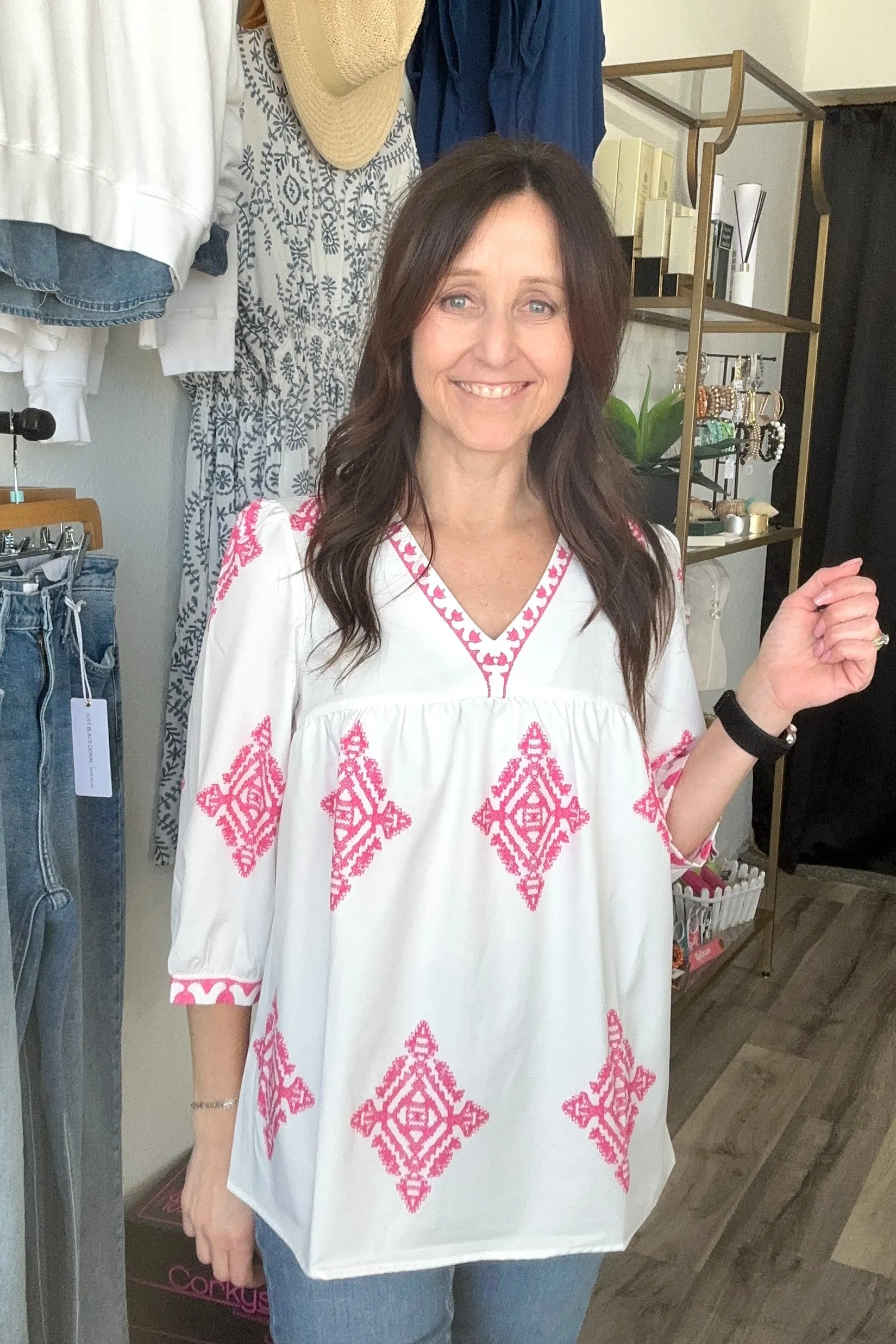 Amber Three Quarter Sleeve Print Blouse