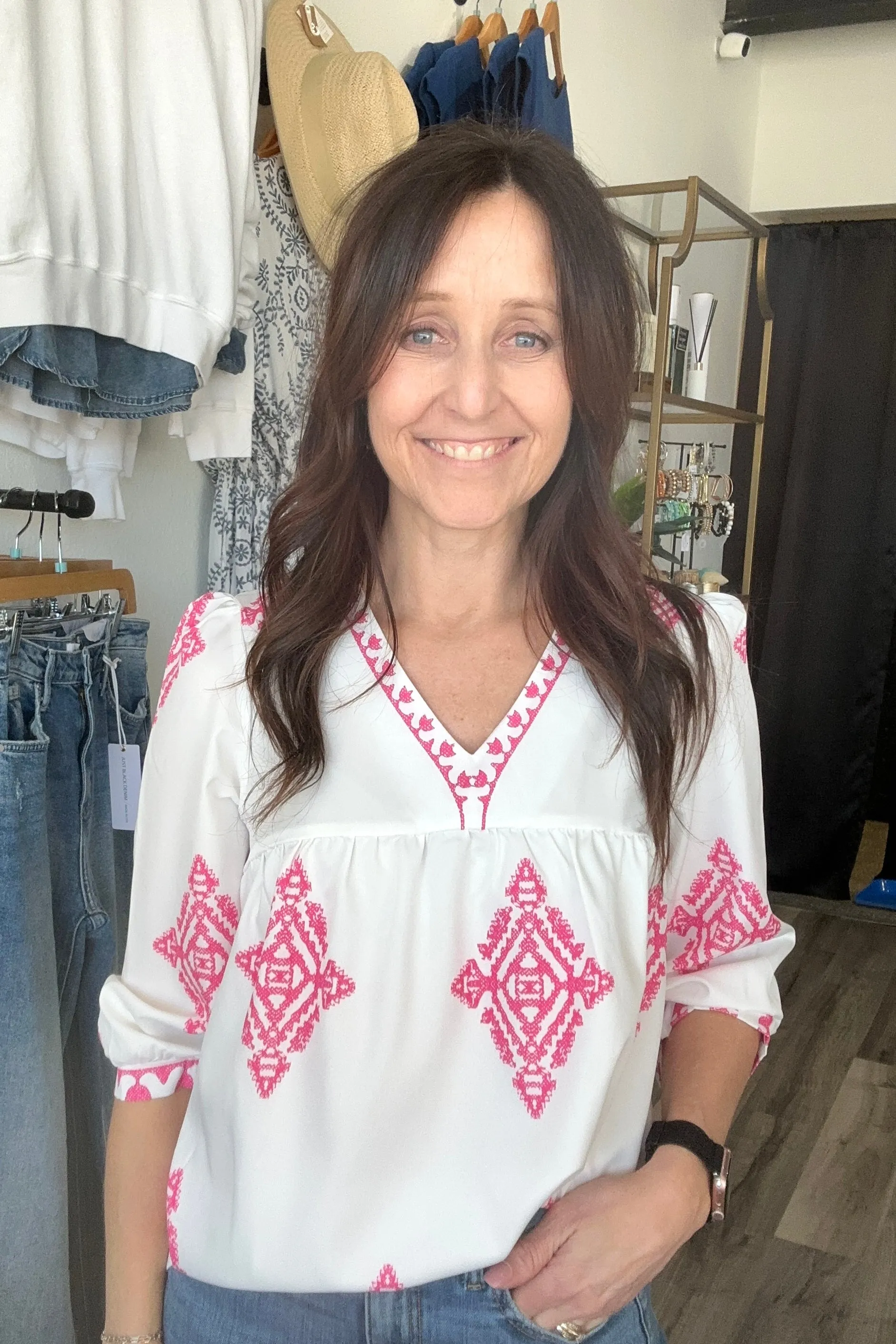 Amber Three Quarter Sleeve Print Blouse