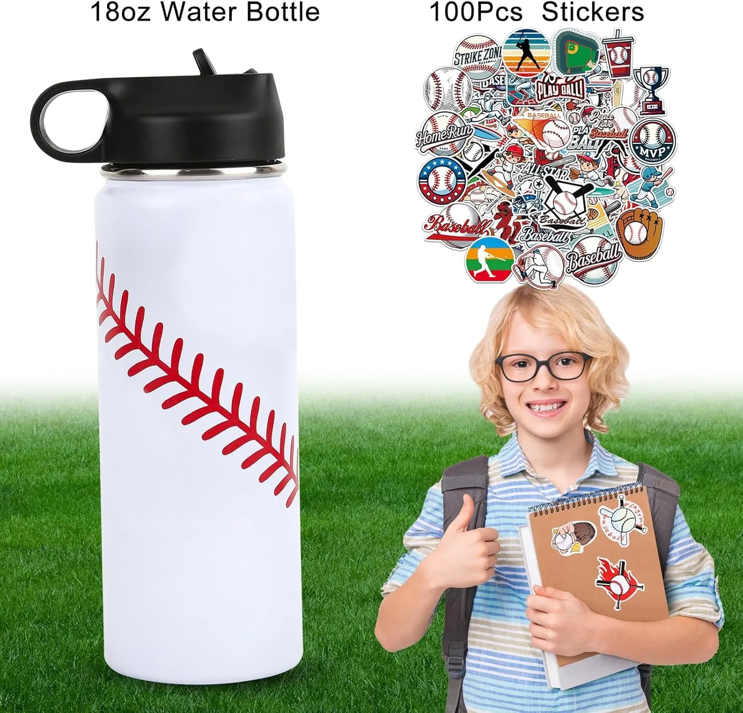 Baseball Gifts for Boys 8-12,Baseball Water Bottles and 100PCS Stickers Stuff Accessories for 6-8 12-14 Kid Player Lovers(18Oz)