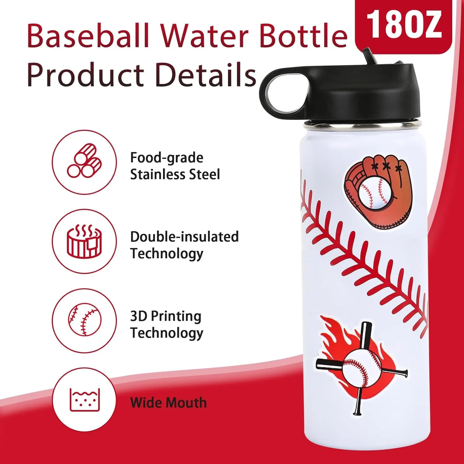 Baseball Gifts for Boys 8-12,Baseball Water Bottles and 100PCS Stickers Stuff Accessories for 6-8 12-14 Kid Player Lovers(18Oz)