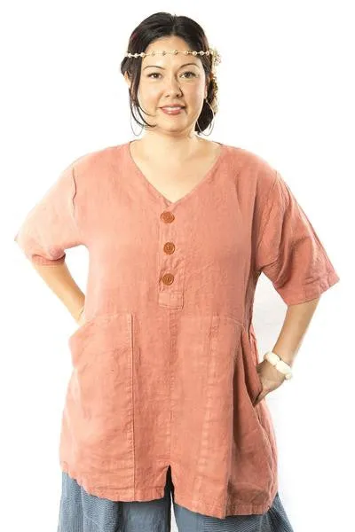 Button Linen Tunic Salmon Printed