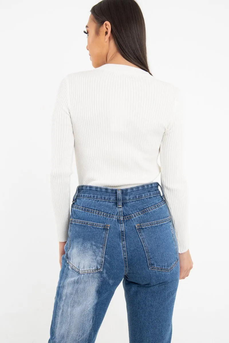 Mid Blue Acid Wash Straight Leg Denim Jeans - Eleina