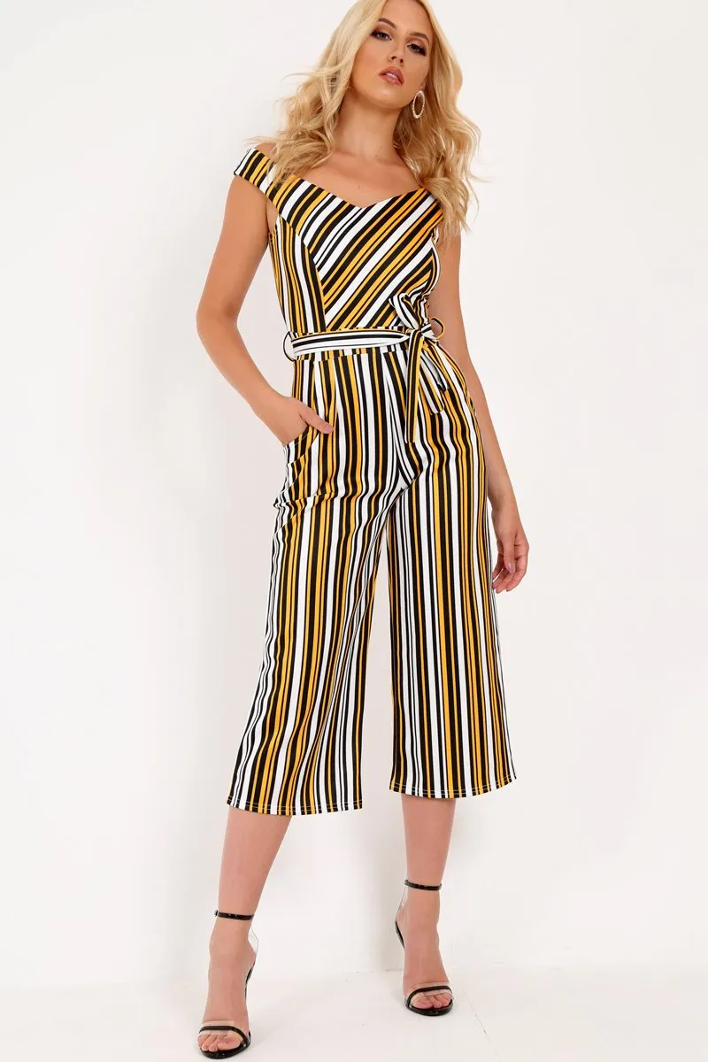 Mustard Stripe Bardot Culotte Jumpsuit - Idania