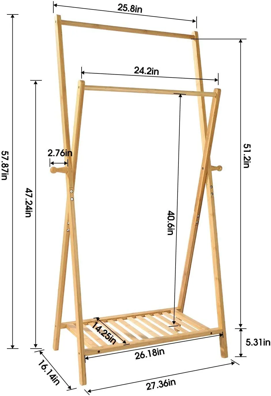 Scandinavian 100% Bamboo X-Frame Montessori Clothes Rack with with 2 Rails, Shelf & Side Hooks | 1.47m High