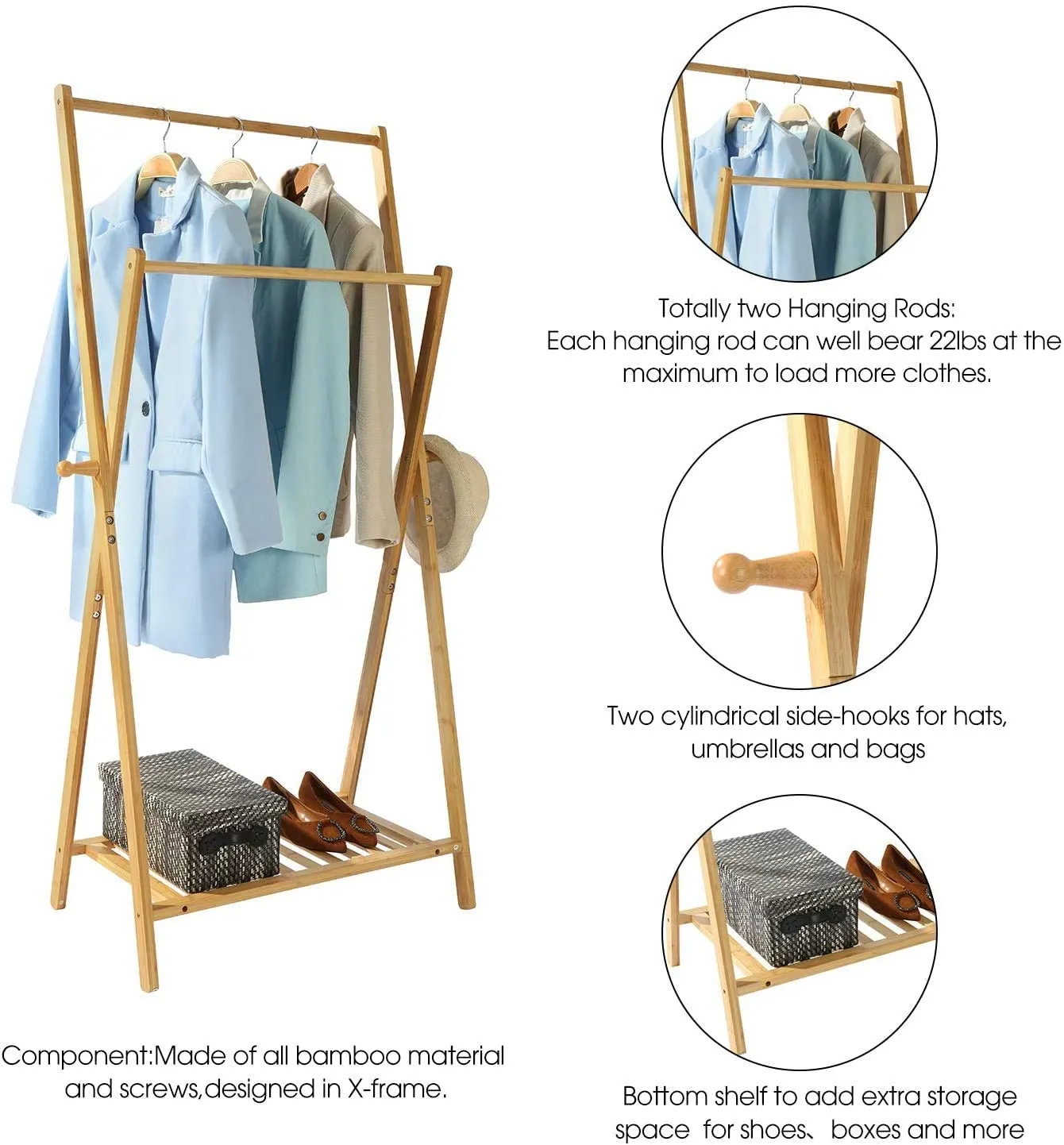 Scandinavian 100% Bamboo X-Frame Montessori Clothes Rack with with 2 Rails, Shelf & Side Hooks | 1.47m High