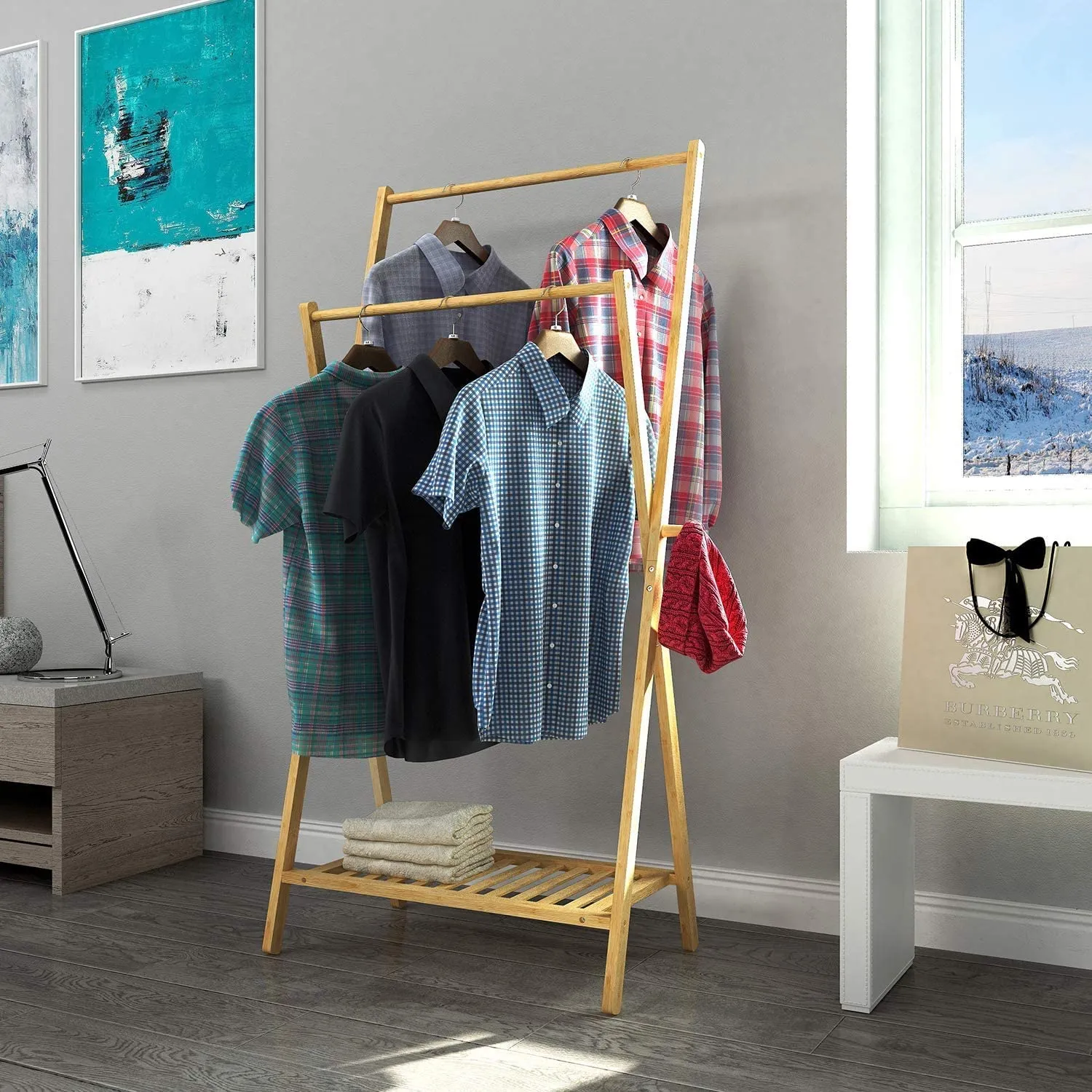 Scandinavian 100% Bamboo X-Frame Montessori Clothes Rack with with 2 Rails, Shelf & Side Hooks | 1.47m High