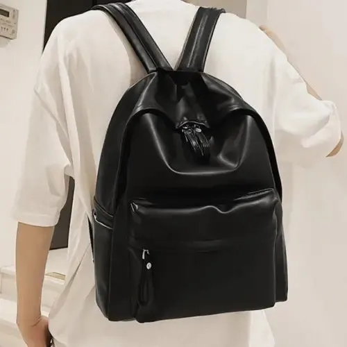 Sleek Black Leather Zip Backpack Bag