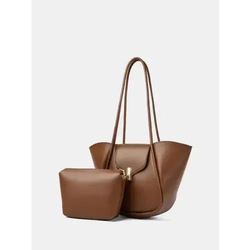 Sleek Brown Leather Shoulder Bag with Pouch for Everyday Style