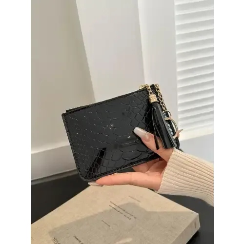 Sleek Silver Snakeskin Leather Tassel Trim Card Case Clutch