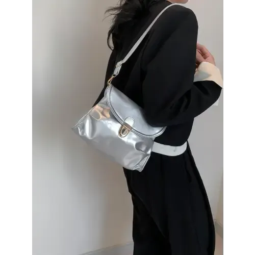 Sleek Silver Yeppi Leather Adjustable Strap Crossbody Bag